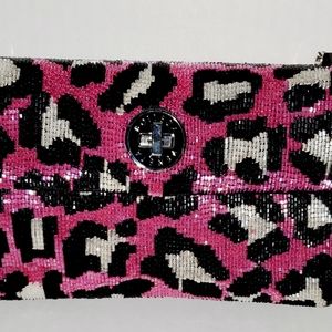BOTTEGA VENETA VINTAGE BUGLE BEADED BAGUETTE PINK LEOPARD PRINT HANDBAG